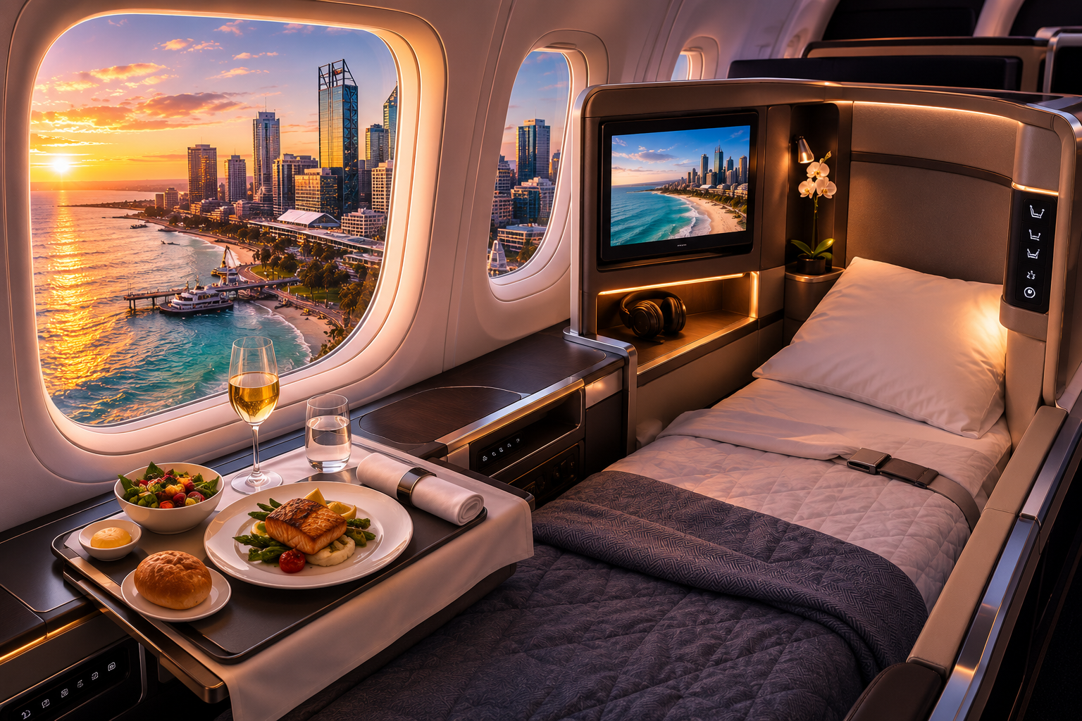 Business class cabin with skyline view