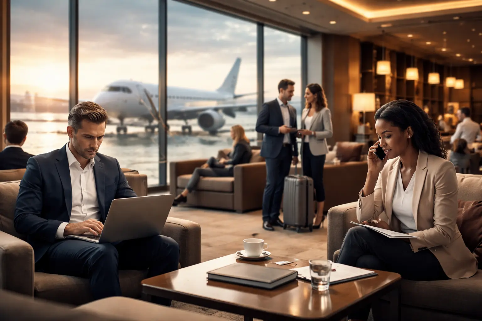 Executive business traveller in business class cabin