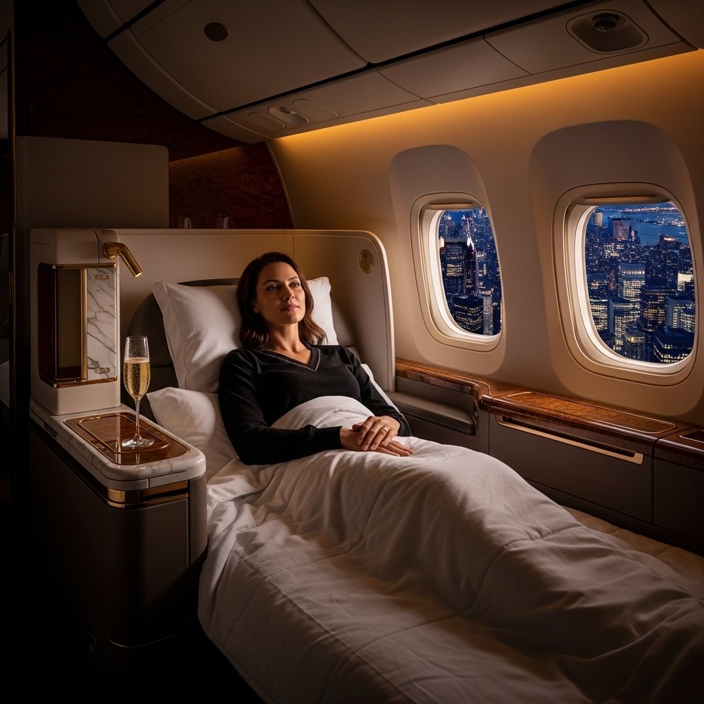 Luxury business class cabin with lie-flat seats on a long-haul flight from the UK