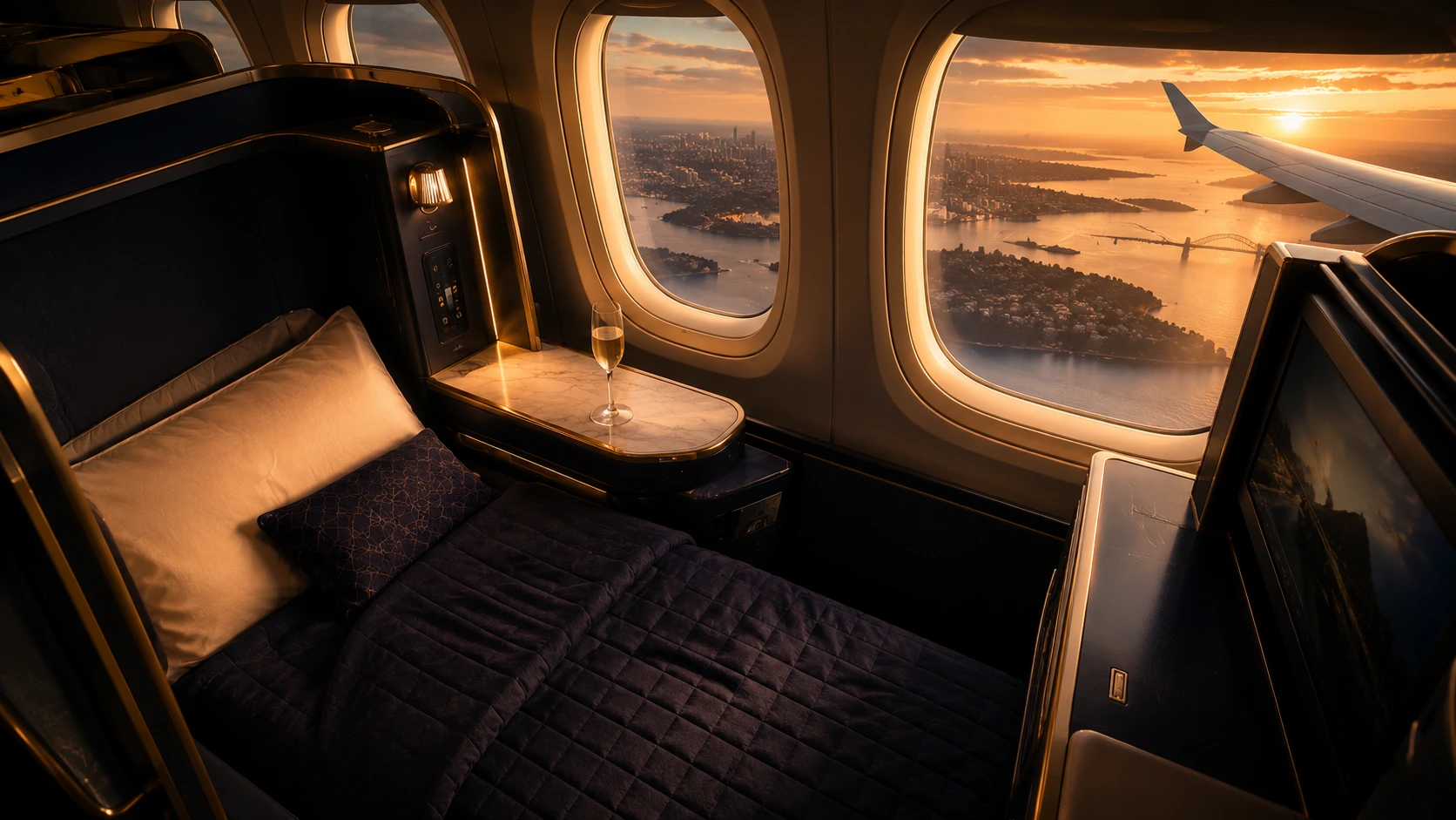 Business class cabin on a flight to Australia