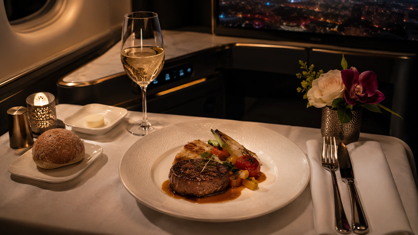 Business class dine-on-demand meal served on a laid table in a Qatar Airways suite
