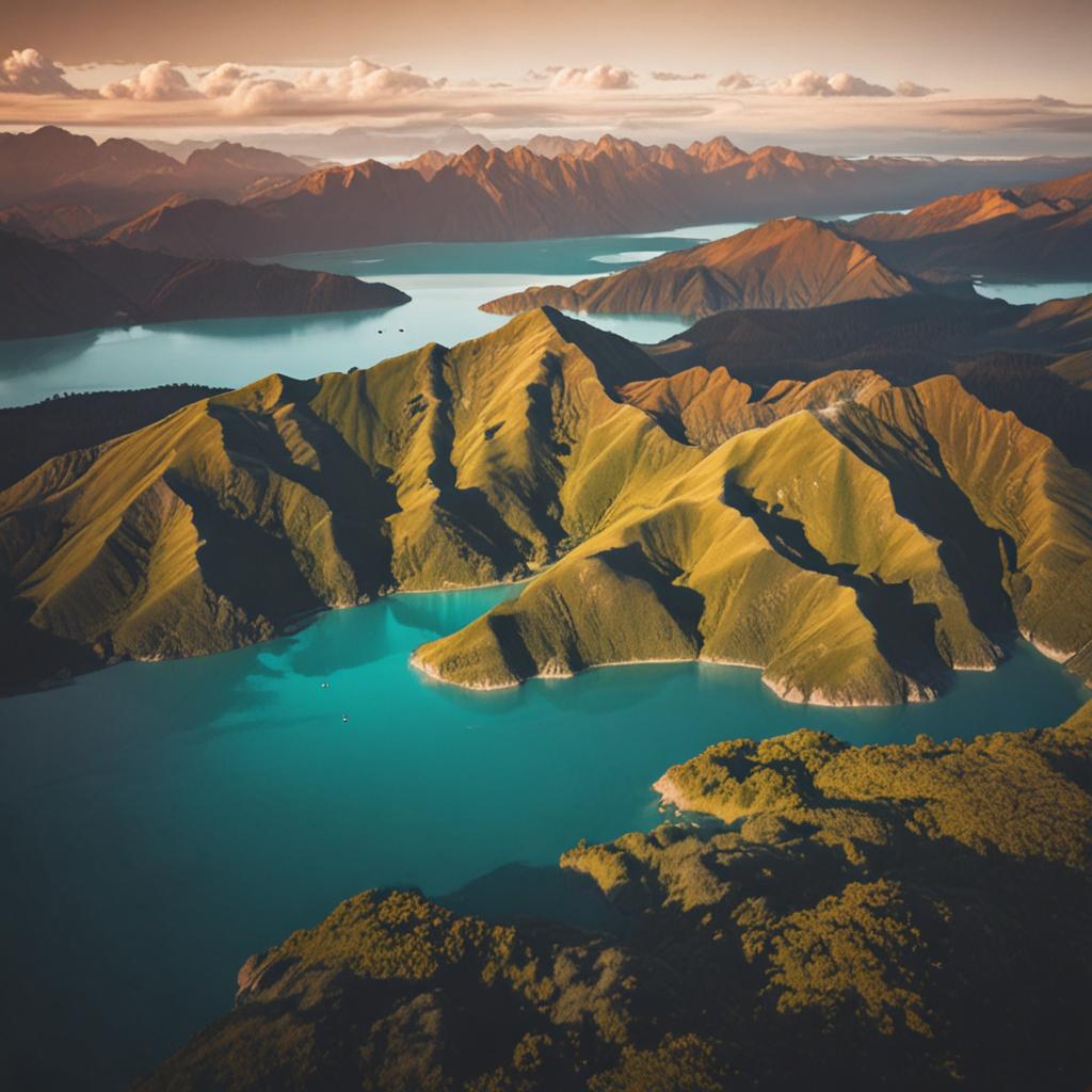 Aerial view of New Zealand mountains and lake at sunrise, the destination for business class flights from the UK