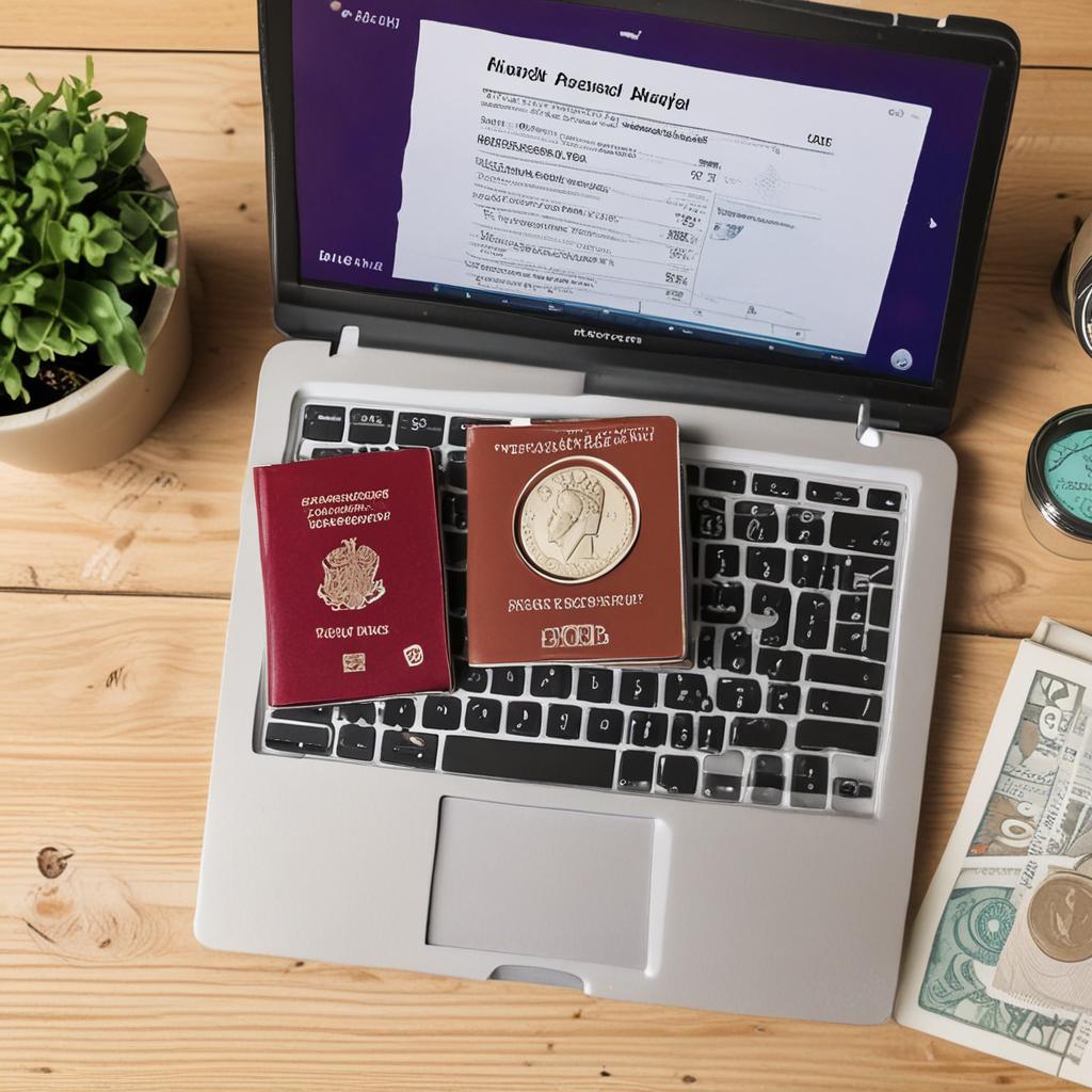 Laptop, passport and pounds on a desk while booking affordable business class flights from the UK