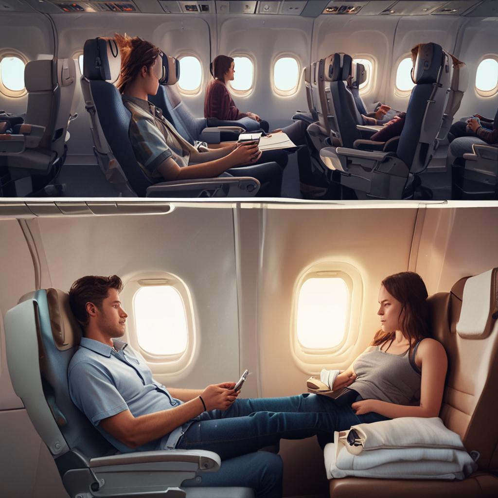 Comparison of an economy seat and a flat business class bed on a long-haul flight