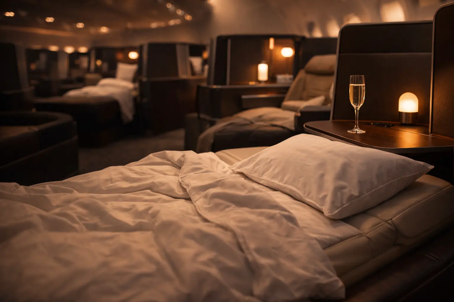 Luxury business class lie-flat seat with champagne