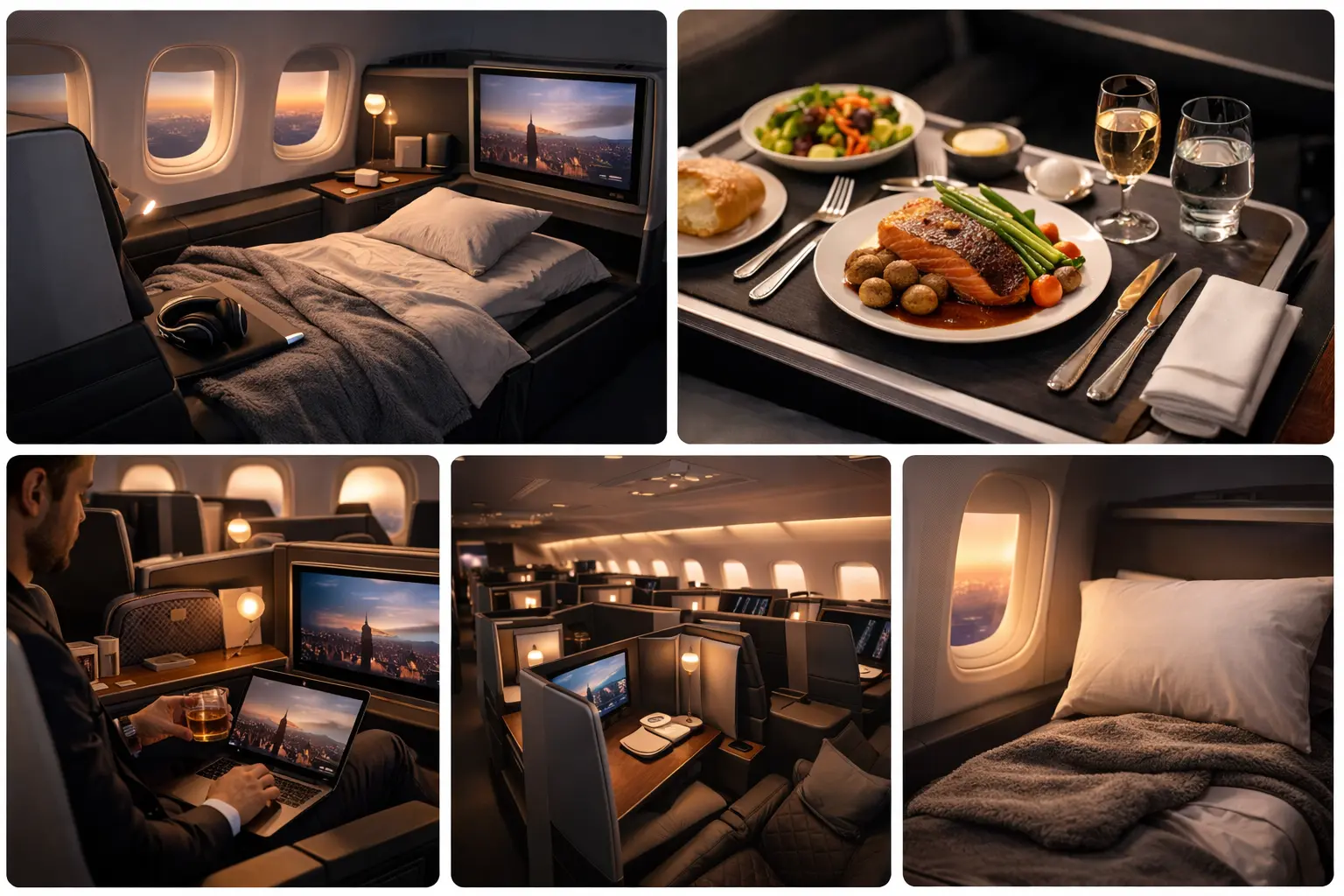 Business class lie-flat bed with champagne and mood lighting