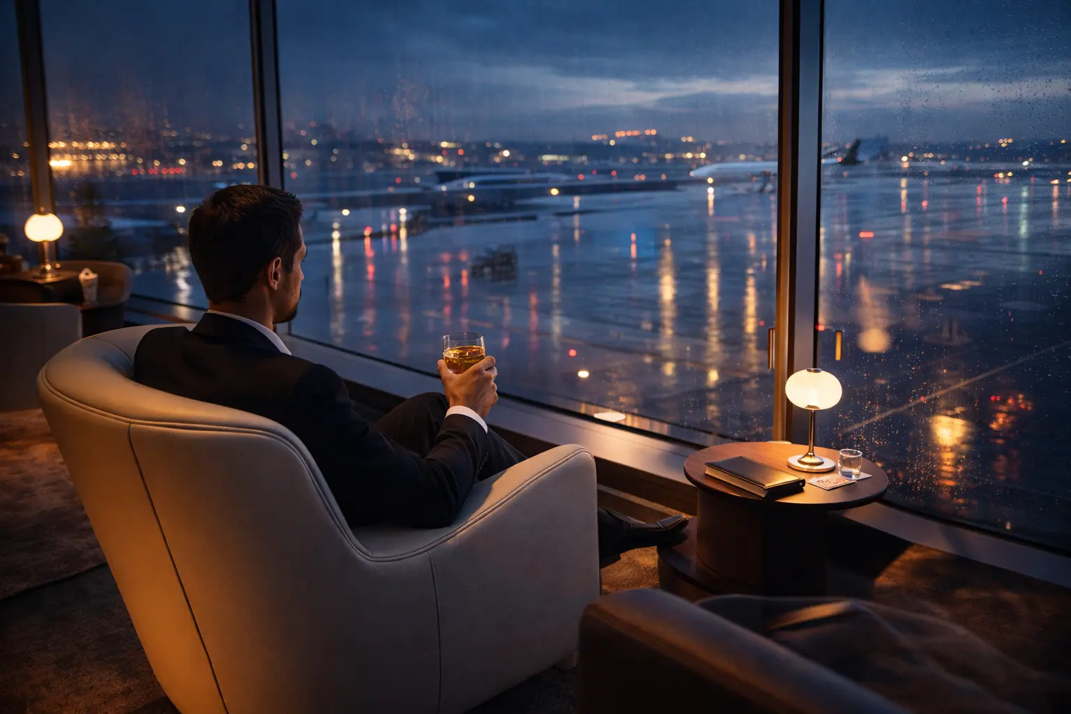 Business class airport lounge with runway view at night