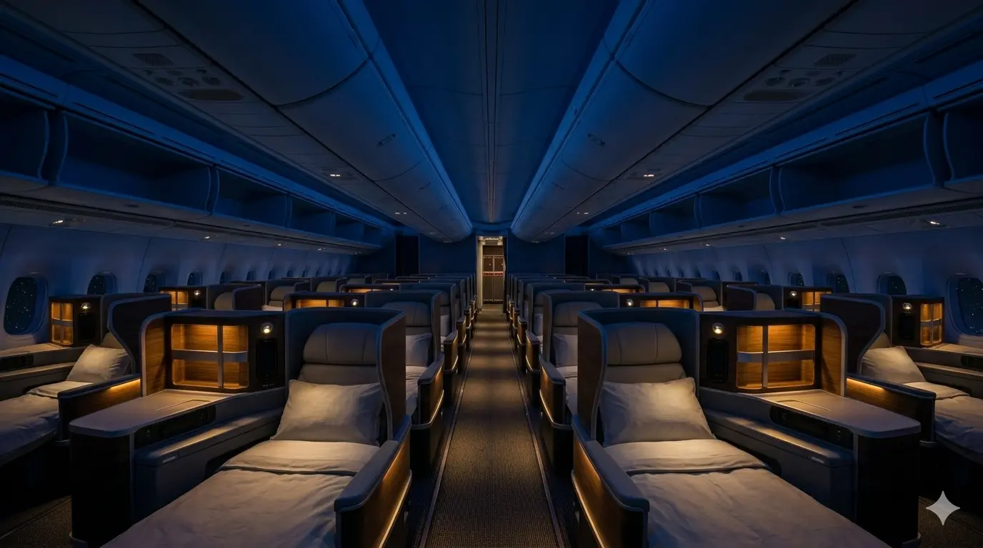 Luxury business class cabin at night with warm amber pod lights
