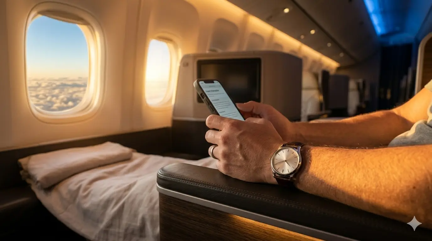 Business class passenger at window seat with sunrise clouds